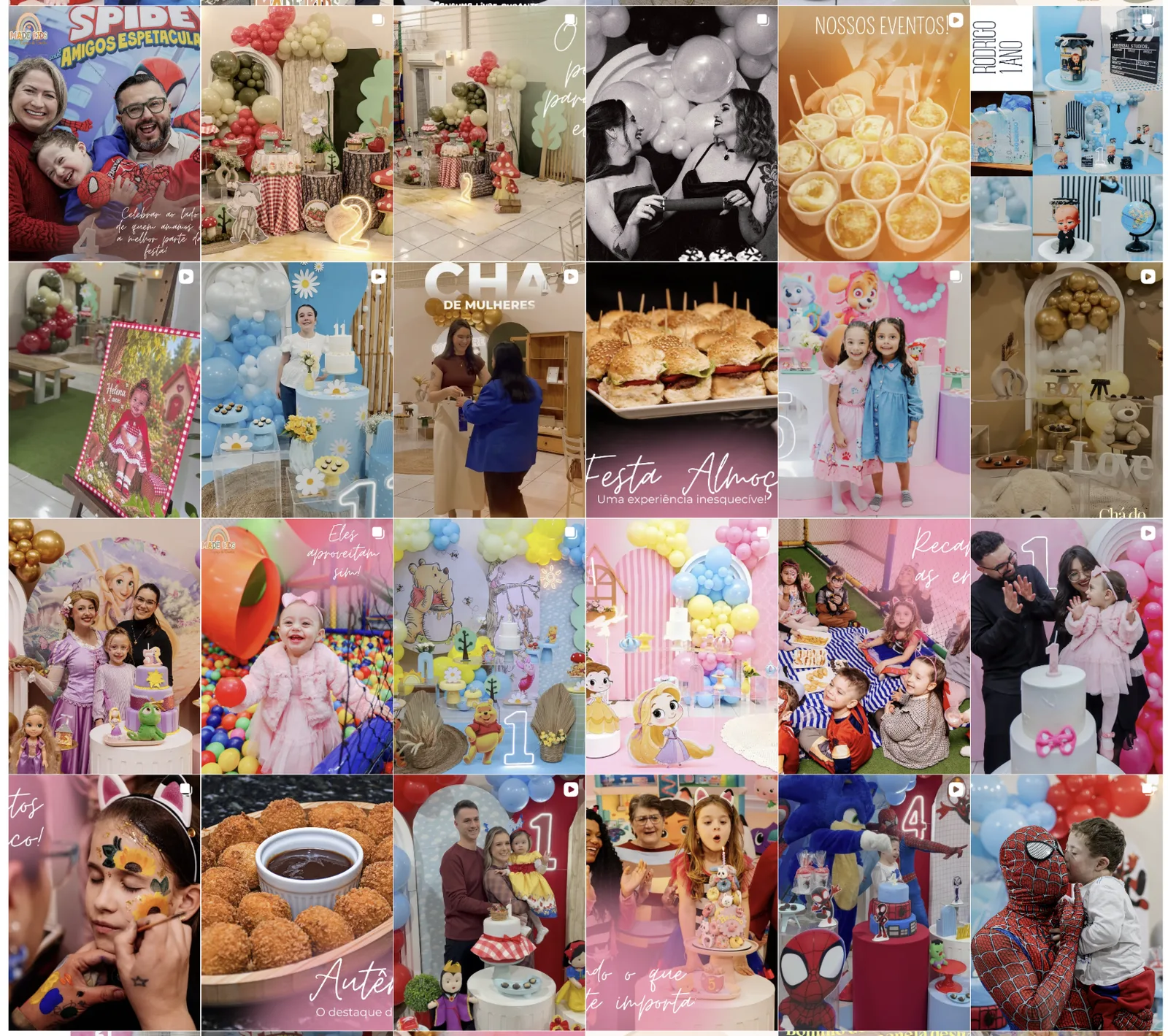 Mosaico com as festas já realizadas no Madê Kids: aniversários com personagens, chá de bebê, chá de mulheres, festa almoço e a mesa de doces